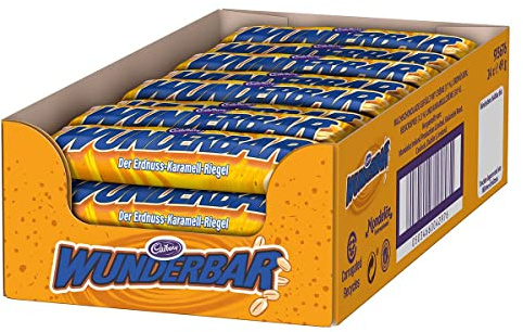 WUNDERBAR Erdnuss-Karamell-Riegel, Einzeln verpackt, 49 g (24er-Pack) | Alpenmilch-Schokolade mit feiner Milchcrème, Erdbeeren und Crispies