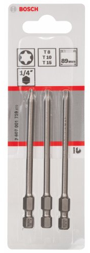 Bosch Professional 3tlg. Schrauberbit-Set Extra Hart für Innen-Torx-Schrauben (T8, T10, T15; Länge: 89 mm), 2607001759