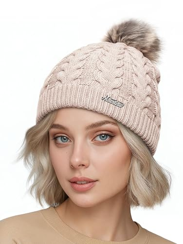 Neverless® Damen Strickmütze mit Fleecefutter Pudelmütze Wintermütze Warm & Gefüttert mit Bommel Model 1975