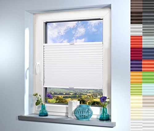 Sun World Plissee nach Maß, deutsche Wertarbeit, hochqualitative Wertarbeit, für Fenster und Türen, alle Größen, Maßanfertigung, Jalousie, Faltrollo (Farbe: Weiß, Höhe: 131-140cm, Breite: 81-90cm)