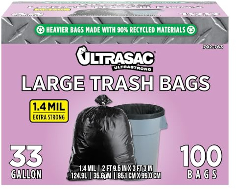 Aluf Plastics 792763 Ultrasac - Bolsa de basura de alta resistencia profesional (capacidad de 33 galones, 99 cm de largo x 83 cm de ancho, tamaño grande, 100 unidades), color negro