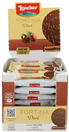 Loacker - Tortina Gran Pasticceria Dark Noir - Tortina con Cuore di Crema alla Nocciola e Cialde Wafer, Ricoperte di Cioccolato Fondente - Merenda e Snack - 1 Confezione da 24 Tortine