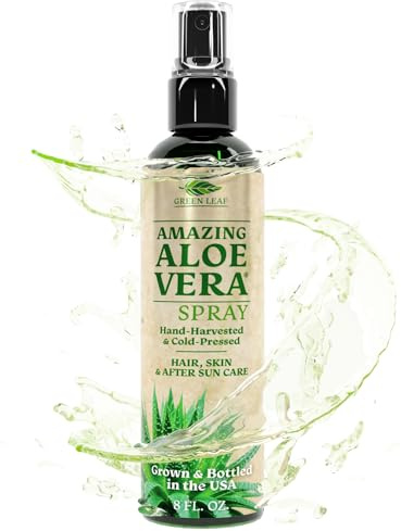 Green Leaf Naturals Aloe Vera Spray | 99% Cold-Pressed Aloe Vera Juice with Vitamin C, E & A | Hair, Skin, Facial Moisturizer, Sunburn Relief & After Sun Lotion 8oz