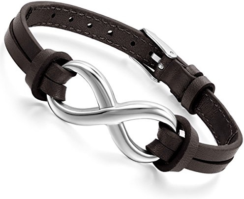 Flongo Lederarmband Männer Armreif Damen Armband, Edelstahl Leder Echtleder Armband Armreifen Infinity Unendlichkeit Zeichen Symbol Verstellbar Passend 7~9 Zoll Herren,Damen