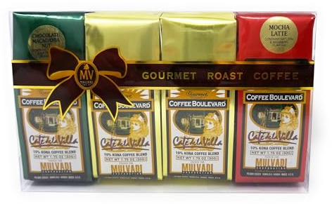 Mulvadi 10% Kona Coffee Blend Gift Pack, Ground, 3 Flavors,Four 1.75 oz Bags