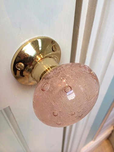 Chattels Beautiful Pair of Large Contemporary/Retro Round Pink Smooth Bubble Glass Brass Mortice Door Knobs/Handles PL