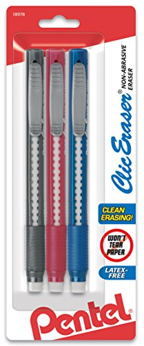 Pentel Clic Retractable Eraser with Grip, Assorted Barrel Colors (ZE21BP3M) (Pack of 3)