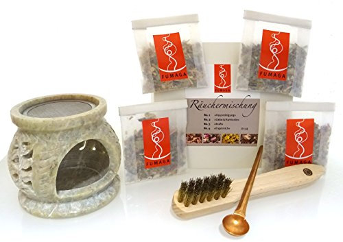 Fumaga – 7- teiliges Räucherset Starterset mit Räucherstövchen Blume aus Speckstein Ø 7,5 cm; H: 8,0 cm