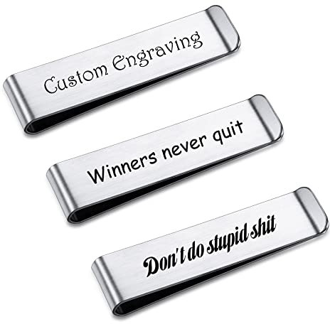 MeMeDIY Clip de Dinero con Bolsillo Frontal Grabado para Hombre, Personalizado Clips de Cartera Regalo para Padre, Tarjetero Delgado, Acero Inoxidable (Juego Personalizado de 3 Piezas Plateadas)
