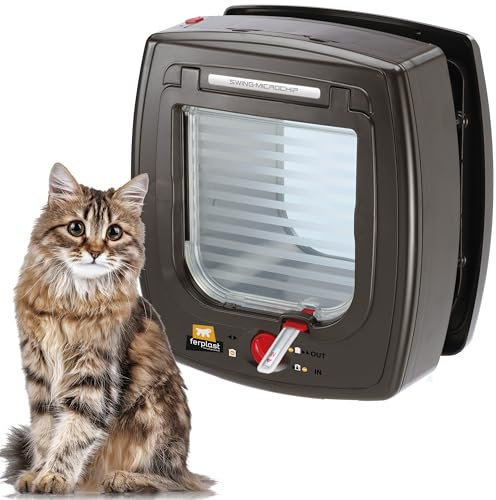 Ferplast Katzenklappe mit chiperkennung, Katzentür 4-wege steuerbarer Ein- und Ausgang, mit Schutz vor Zugluft, inkl. Katzenhalsband mit Mikrochip, SWING MICROCHIP Klein, Mikrochip katzenklappe, Braun