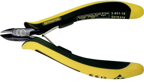 Bernstein Werkzeug Mini-Seitenschneider Euroline, 120 mm mit schmalem abgerundetem Zangenkopf ohne Wate, ableitfähige zweifarbige Handschutzhüllen, 3-651-15