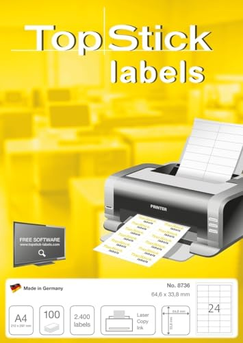 TopStick 8736 - Etiquetas autoadhesivas universales A4 (64,6 x 33,8 mm, papel) 100 hojas, 24 etiquetas por hoja, 2400 etiquetas, para impresoras inkjet y láser