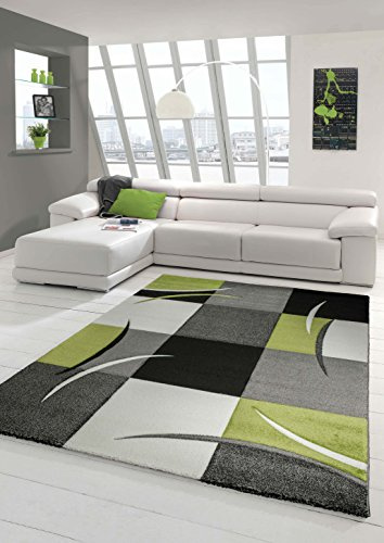 Designer Teppich Moderner Wohnzimmer Kurzflor Mit Konturenschnitt Karo Muster Grün Grau Creme Schwarz Größe 80x150 cm