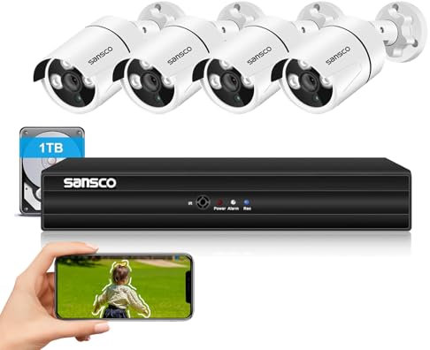 SANSCO 5MP Outdoor CCTV Camera System with 1TB Hard Drive, 8 Channel DVR System, 4x 1080P Waterproof Security Cameras, Face Detection, Email/App Alert, Night Vision