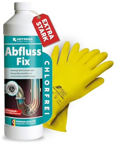 HOTREGA Abfluss Fix 1 L Konzentrat | Rohrreiniger gegen Haare & Fett | Inklusive Nitras Handschuhe | Befreit Verstopfungen in Dusche, Spüle & WC | Schnell wirksam | Geruchloses Gel | Schont Rohre
