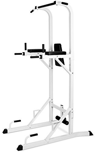 Klarfit KS04 - Klimmzugstation, Kraftstation, Fitnessstation, Bauchtrainer, Liegestützgriffe, Dip-Griffe, Beinhalter, gepolsterte Unterarmstützen und Rückenlehne, bis 100 kg, weiß