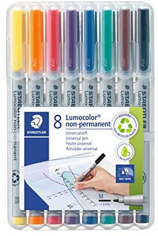 STAEDTLER Universalstift Lumocolor non-permanent, Strichbreite 1,0mm, für fast alle Oberflächen, wasserlösliche Tinte, 8 Marker in sortierten Farben in der aufstellbaren STAEDTLER Box, 315 WP8