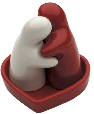 b2see Salero y pimentero, cerámica, rojo/blanco, abrazadores en plato rojo, juego de 2