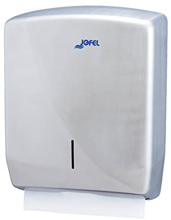 Jofel - Dispensador de Papel de Manos, Toallas Faciales, Dispensador de Papel Secamanos de Pared, hasta 600 Toallitas Zig-Zag, Carcasa de Acero Inoxible Resistente, Futura AH25000, Inox. Satinado