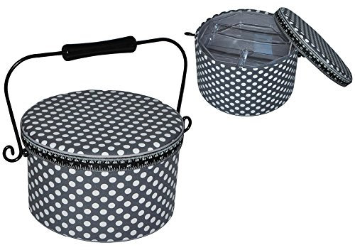 alles-meine.de GmbH 2 TLG. Nähkorb XL groß RUND - Punkte grau weiß - mit Metallhenkel - Nähkasten für Handarbeiten Nähkästchen Handarbeitskorb leer gepunktet