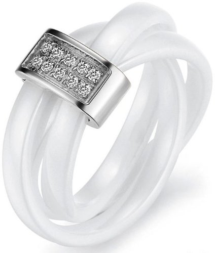 JewelryWe Schmuck 3mm Breite Schwarz Keramik Damen-Ring mit Silber Edelstahl Trizyklische Verlobungsring Hochzeit Band Größe 59