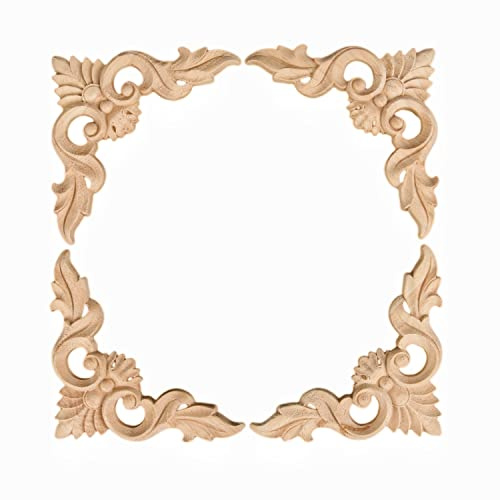 MUXSAM 4Pcs Wood Carved Appliques Onlays, Unpainted Little Wooden Corners Flower Carvings Decals for Mirrors Cabinets Walls Doors Chests Dressers Night Stand DIY Artwork Project, 15x15cm/5.9x5.9