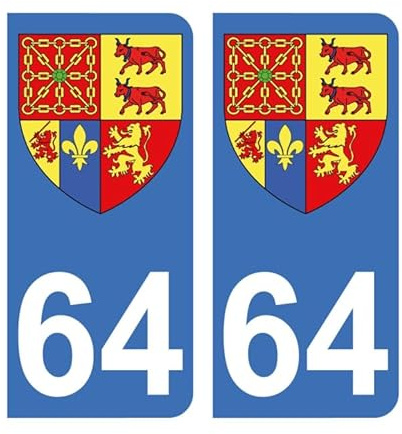 Autocollant 64 avec Blason Pyrénées Atlantiques Plaque immatriculation Auto (9,8 x 4,5 cm)