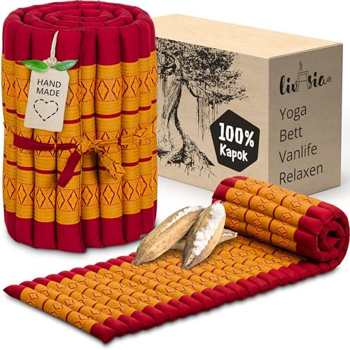 livasia Rollmatte Rollmatratze S schmal - 200x50x4,5cm - Gästebett Gästematratze 1 Person mit Muster, Reisebett Kofferraum outdoor, Thaimatte Kapok für Garten Balkon handgefertigt (Rot/Gelb)