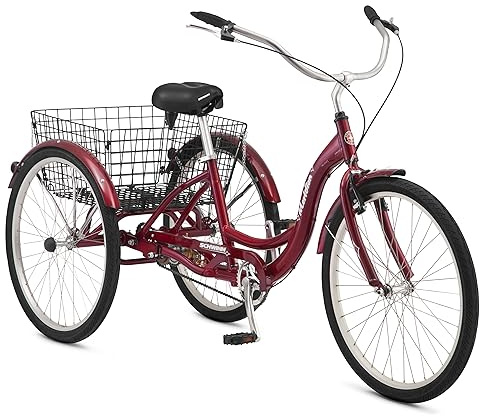 Schwinn Meridian Adult Tricycle Bike, Mens and Womens Three Wheel Beach Cruiser, 26-Inch Wheels, Low Step-Through Frame, Wide Seat, Rear Folding Basket, 1-Speed, Maroon
