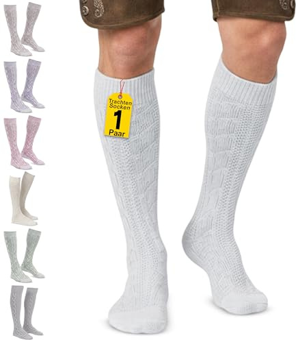 Trachtensocken klassisch 40cm Lang - Trachten Strümpfe Passend zu kurze Trachtenhosen & Kniebundhosen - Edel gestrickte Socken mit Zopfmuster - aus Baumwolle für Damen & Herren Weiß - 44-46