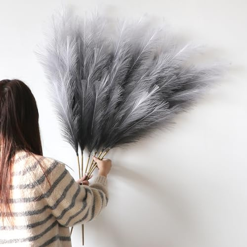 YiYa Artificial Pampas Grass Decoration 6 Pcs 113CM Large Pampas Grass Stems Gradient Black Fluffy Artificial Pampas Grass for Floor Vases Tall Plant Flowers Boho Home Decor Office Decor