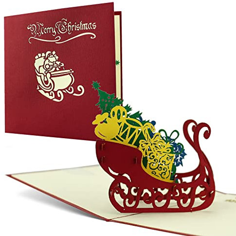 Diese-Klappkarten Weihnachtskarte 3 D Karte mit Umschlag Grußkarte Grüße Gutschein Merry Christmas Schlitten mit Geschenke Weihnachtsbaum Tannenbaum Weihnachten, W04