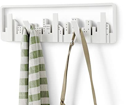 Umbra Skyline Garderobenhaken - Moderne und Platzsparende Garderobenleiste mit 5 Beweglichen Haken für Jacken, Mäntel, Schals, Handtaschen und Mehr, Weiss