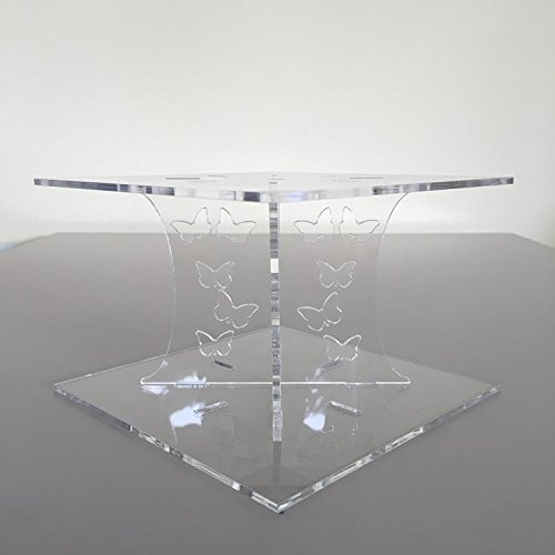 Soporte cuadrado para tartas de un solo piso, diseño de mariposas, transparente, base de 25 cm, parte superior de 23 cm