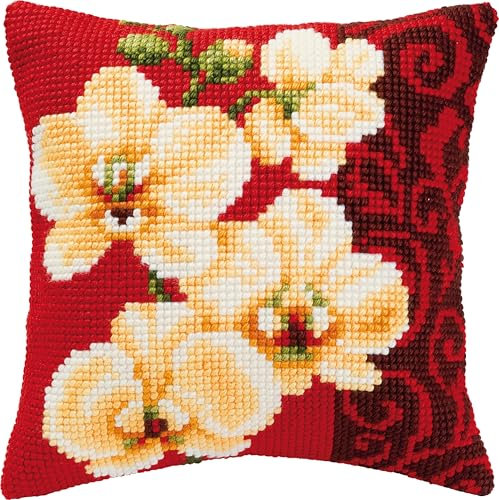 VERVACO Kreuzstich Stickpackungen Kissen Stickerei Set Anfänger Vorgedruckt Weiße Orchideen DIY Set Kreativ Set Für Erwachsene Dekoratives Kissen ca. 40 x 40 cm Bastelset Handwerker Haus Dekoration