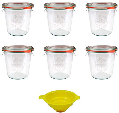6 Weckgläser / Rundrandgläser in Sturzform 500 ml (auch gut geeignet für Kuchen im Glas) inkl. Klammern+Ringe und einem gelben Einfülltrichter mit Arretierung