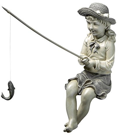 Design Toscano Pesca grossa Bambina che pesca Statua da giardino, poliresina, pietra bicolore, 28 cm