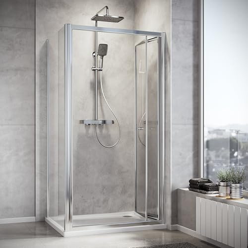 SONNI Duschkabine Falttür Duschwand glas faltbar für Badezimmer 86x70cm mit Seitenwand | Rahmenlose Seitenwand, platzsparende Doppelfalttür, leichtgängiges Gleit- und Drehsystem, beidseitig montierbar
