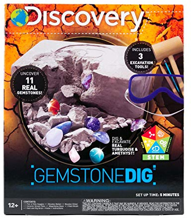 Discovery Kids Gemstone Dig Stem Science Kit by Horizon Group Usa, Excavate, Dig & Reveal 11 Real Gemstones, Includes Goggles, Excavation Tools, Streak Plate, Magnifying Glass & More