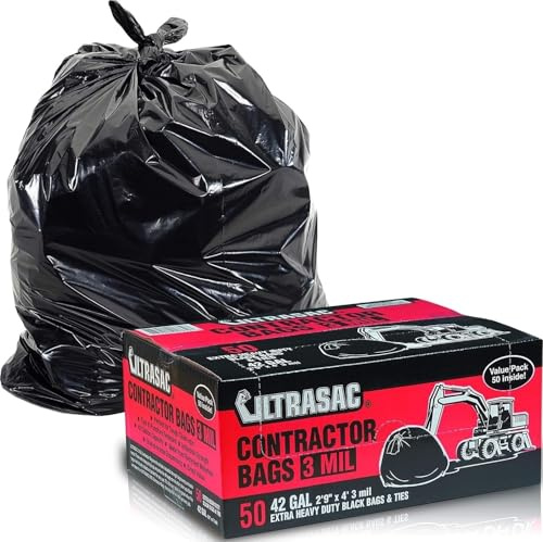 Ultrasac Bolsas para contratistas resistentes (paquete de 50 lazos), 42 galones, 32.7 x 47 pulgadas, bolsas de basura industriales grandes negras de 3 mil de grosor para construcción y uso comercial