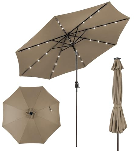 COSTWAY Sonnenschirm 300 cm mit LED-Beleuchtung, Gartenschirm mit Kurbel | beidseitig um 30° knickbar, Terrassenschirm mit 8 Rippen, Marktschirm für Garten, Balkon, Terrasse, Braun
