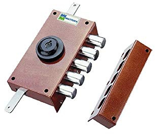 Cerradura Triplice Art. 426 pompa-cilindro diámetro 30 mm con longitud externa mm 50. Apertura interior con llave, Corsa varillas mm 16, una bomba externa. Acabado color charol Bronce. Sin barras.