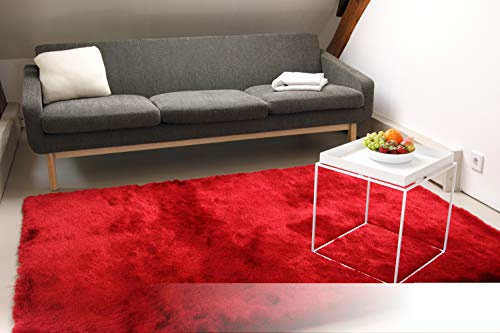 floor factory Exklusiver Hochflor Shaggy Teppich Satin rot 140x200 cm - edler, seidig glänzender Teppich