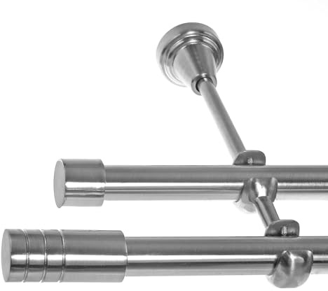 BASIT Gardinenstange Edelstahllook 19mm 2-läufig Wand 240cm lang H28 | Gardinenstangenset doppelläufig Wandmontage Metall Vorhangstange Wandhalterung 120-600cm wählbar Kappe Zylinder E60