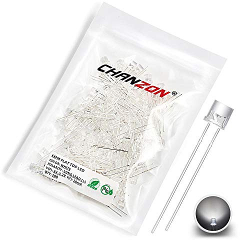 Chanzon 100 pcs 5mm White LED Diode Lights (Clear Transparent Flat Top DC 3V 20mA) Bright Lighting Bulb Lamps Electronics Components Light Emitting Diodes