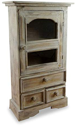livasia Balinesische Vitrine mit DREI Schubladen, Küchen- Esszimmerschrank, Landhausstil, aus Bali (Handarbeit) (Whitewash/weiß)