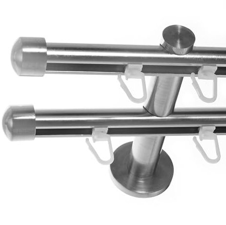 BASIT Gardinenstange 2 läufig Innenlauf Wandmontage 180cm lang Edelstahl Look I Gardinenstange doppelläufig Wandmontage Ø16mm mit Kappen I In 120-600cm verfügbar H80