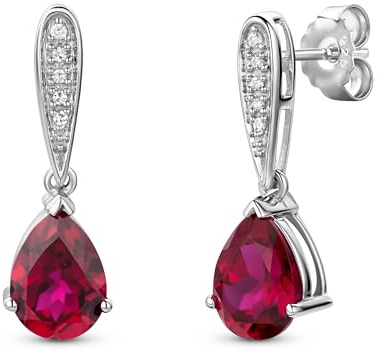 Miore Pendientes Colgantes de Mujer con Rubíes y Diamantes Naturales en Plata de Ley 925, Pendientes de Diamantes Hipoalergénicos. Stud y cierre de mariposa.