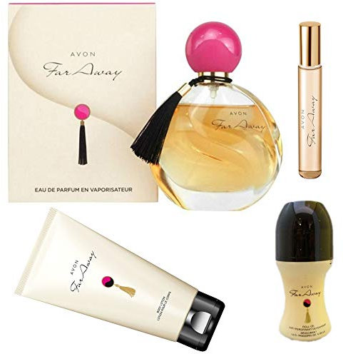 Avon Far Away GESCHENKSET 4tlg.Eau de Parfum Spray, Deoroller, Körpermousse,Taschenspray in weihnachtlicher GESCHENKBOX