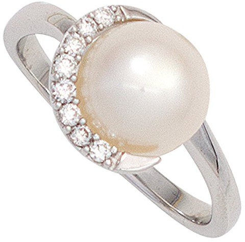 Ring Perlenring Süßwasser Zuchtperle & 8 Brillanten 585 Gold Weißgold, Ringgröße:Innenumfang 52mm ~ Ø16.6mm